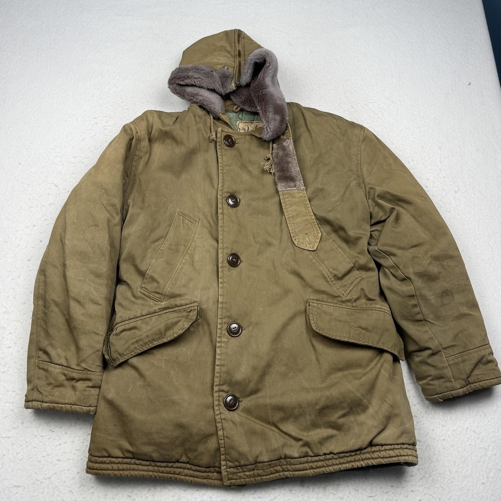 Vintage Parka Coat Mens L Green Canvas Fur Lined Hooded Military B-9 Jacket